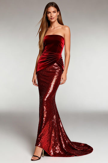 Strapless Mermaid Ruched Burgundy Evening Dress